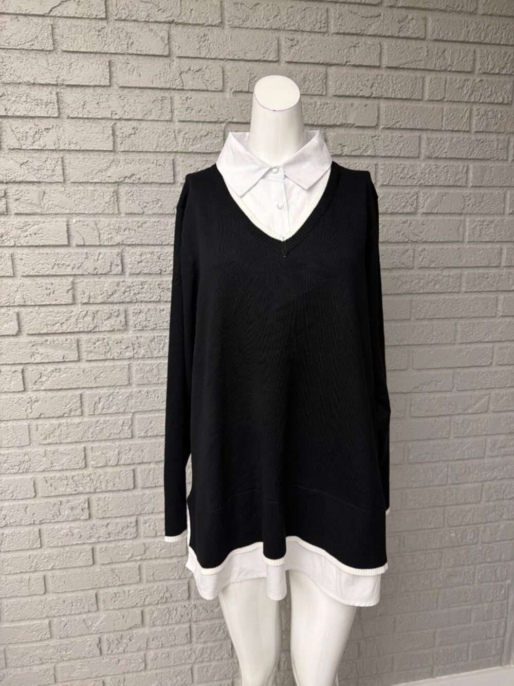 Cable & Gauge Women’s Black & White Long Sleeve Twofer Sweater Blouse Size 2X